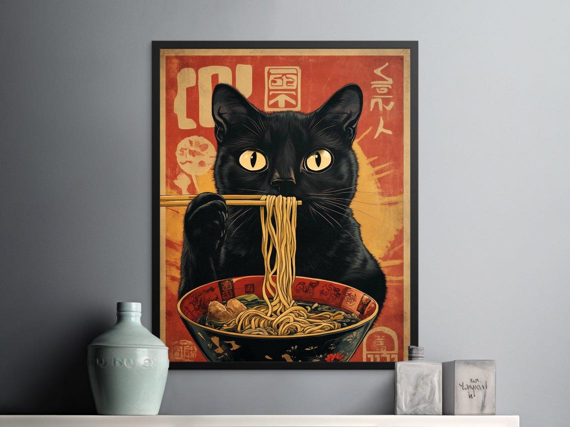 Black Cat Eating Ramen Red Retro Japanese Kitchen Noodle Art Poster - Image 2