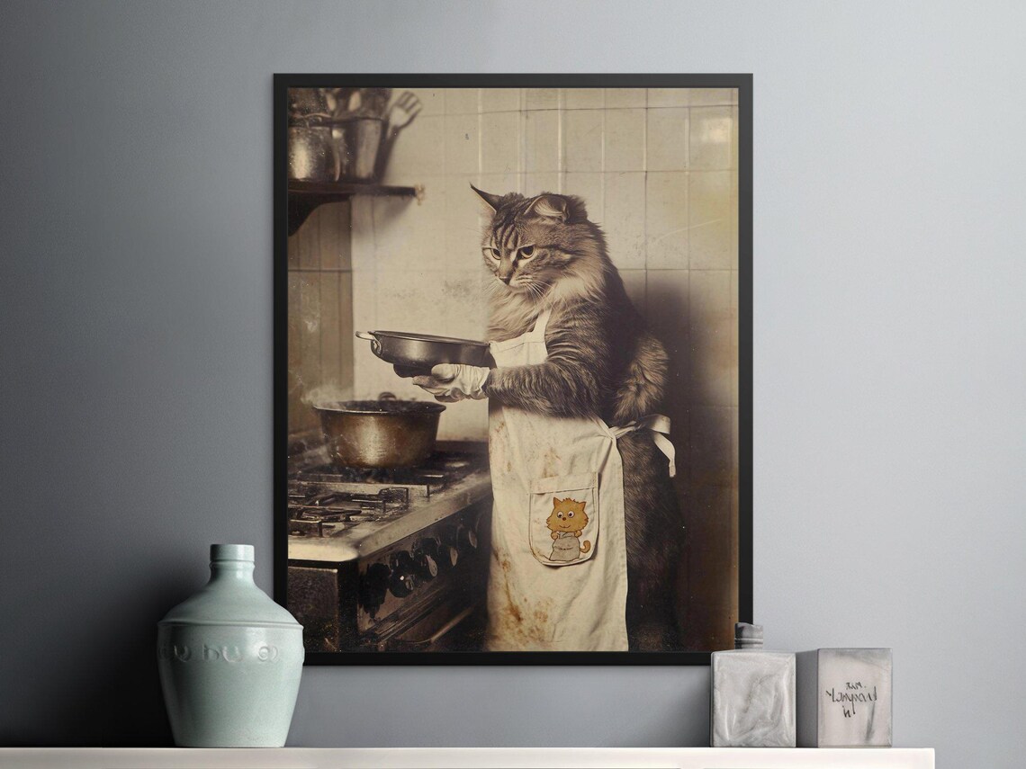 Vintage Cat Chef Cooking Funny Retro Kitchen Sepia Animal Art Poster - Image 2