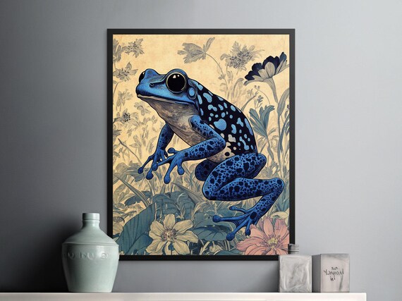 Blue Poison Dart Frog Tropical Flowers Botanical Wildlife Wall Art Poster