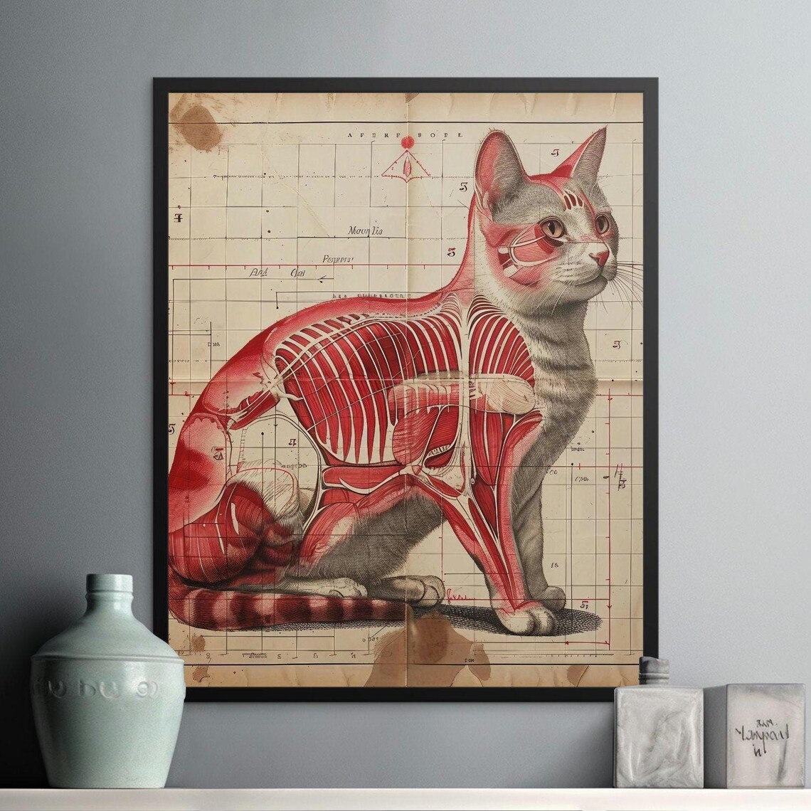 Vintage Cat Anatomy Chart Muscle and Bone Diagram Scientific Poster