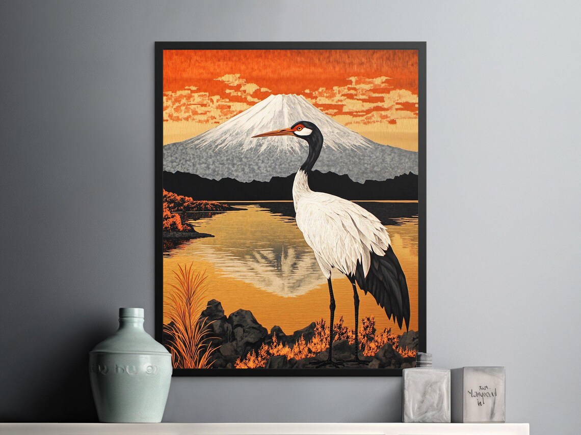 Red Crowned Crane Lake Mount Fuji Reflection Sunset Vintage Poster