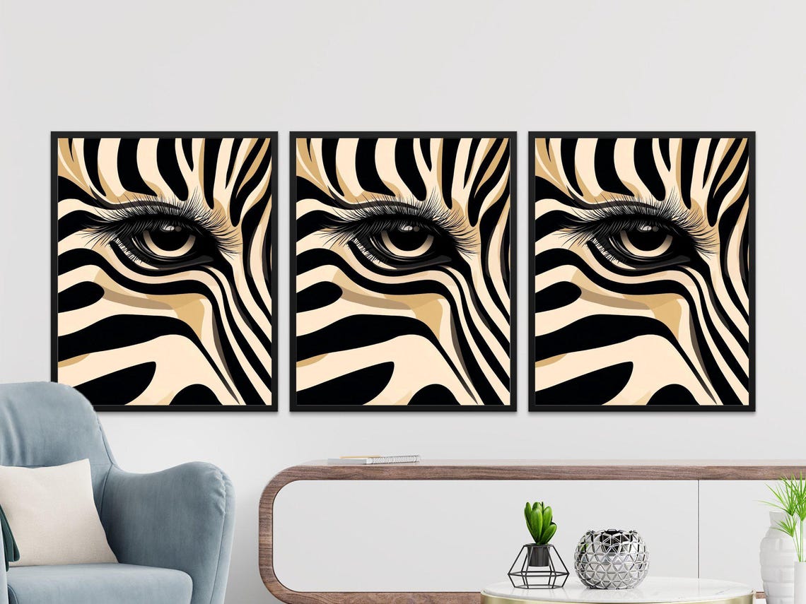 Bold Zebra Eye Stylized Animal Poster With Black Cream Graphic Stripes - Image 2