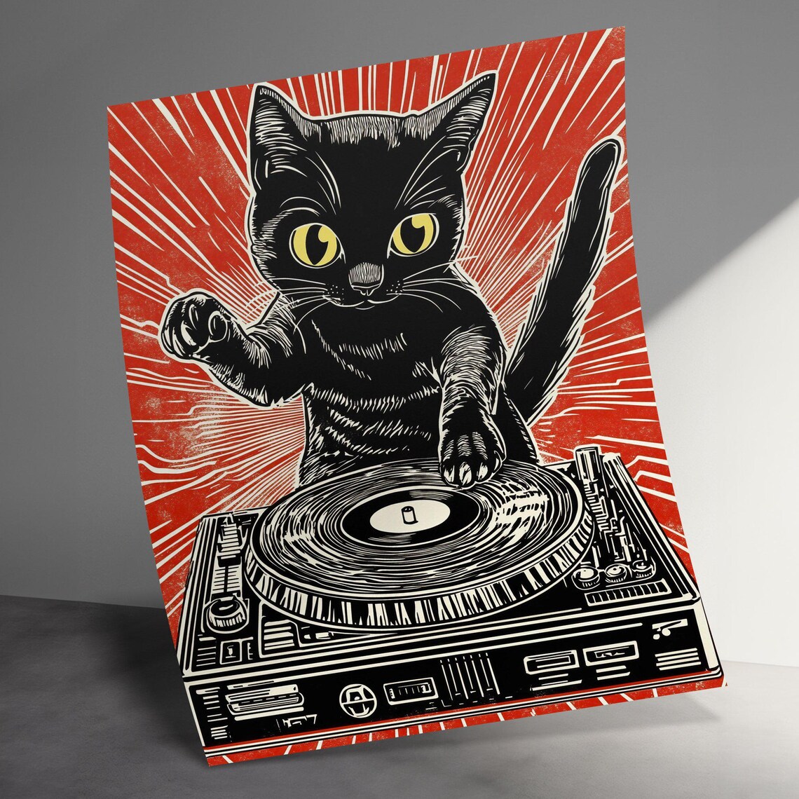 Black Cat DJ Turntable Woodcut Red Retro Vintage Music Cat Lover Poster - Image 3