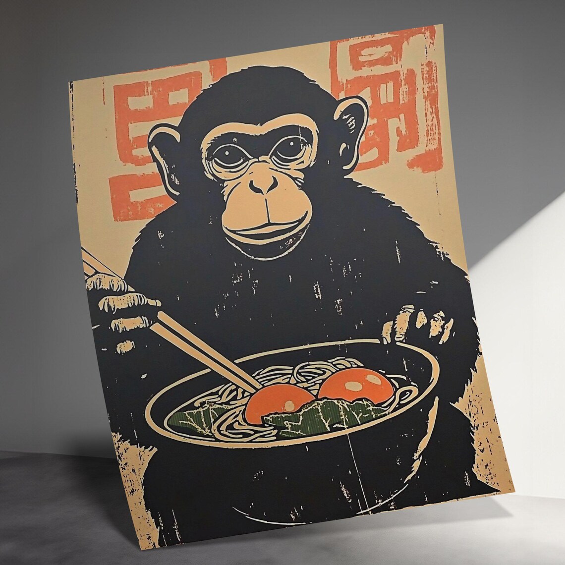 Monkey Eating Ramen Bowl Japanese Style Cute Kitchen Wall Art Poster - Image 3