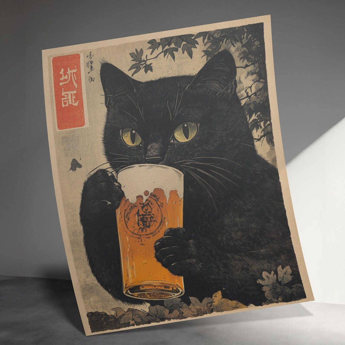 Black Cat Drinking Beer Glass Vintage Japanese Forest Ink Kitchen Decor Poster - Image 3