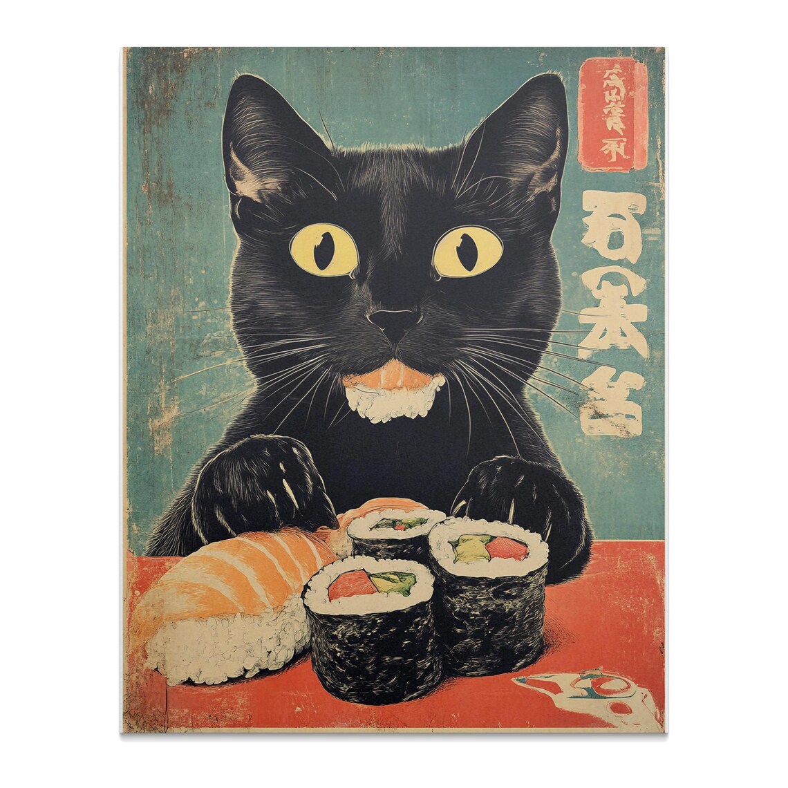 Black Cat Eating Sushi Nigiri And Maki Rolls Teal Retro Japanese Art Poster - Image 2