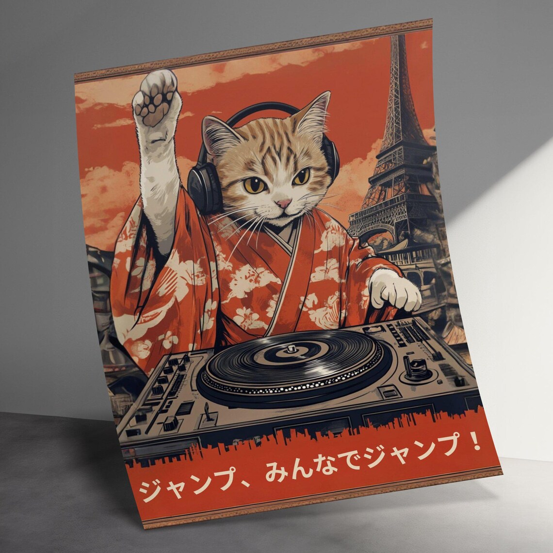 Cool Cat DJ Headphones Kimono Eiffel Tower Japanese Retro Art Poster - Image 3