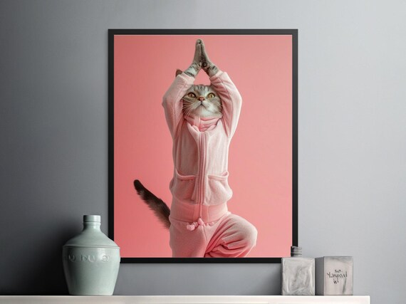 Yoga Cat in Pink Pajamas Holding Tree Pose on Pink Background Poster