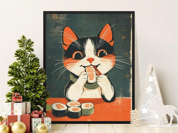 Cute Cartoon Cat Eating Salmon Sushi Retro Japanese Kitchen Poster