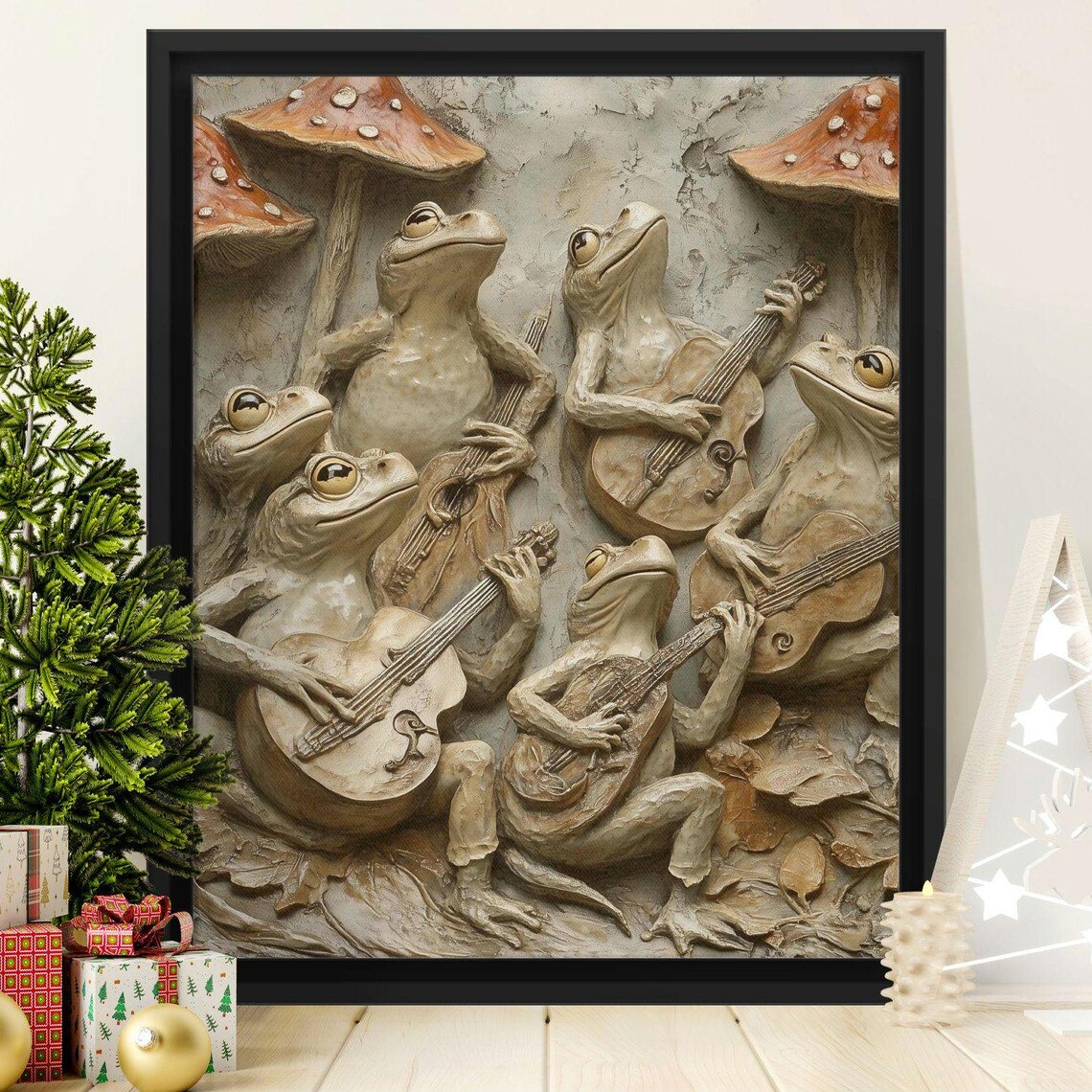 Frog Band Playing Guitars 3D Mushroom Sculpture Whimsical Animal Wall Art