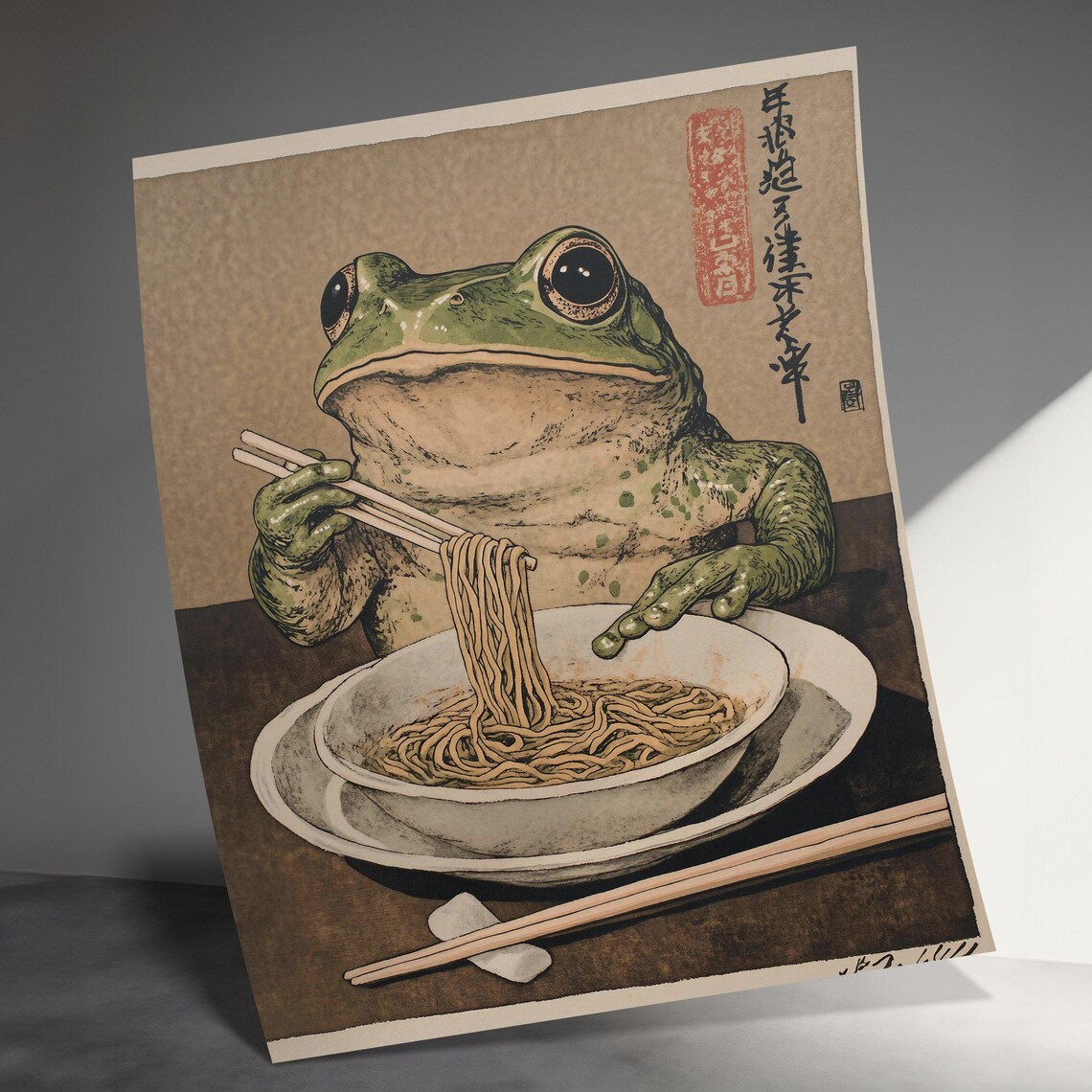 Vintage Japanese Frog Eating Noodles Chopsticks Ukiyo-e Style Art Poster - Image 3