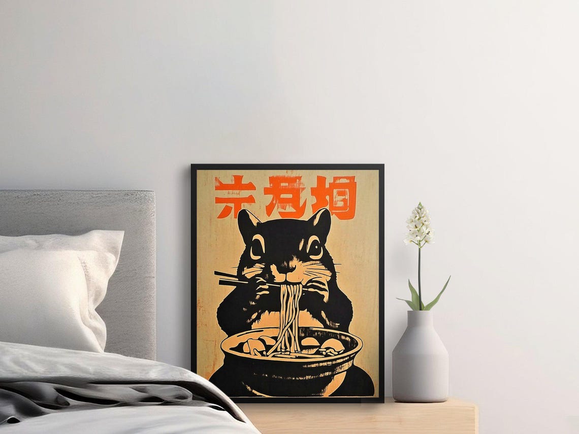 Squirrel Slurping Ramen Japanese Style Cute Kitchen Wall Art Poster - Image 2