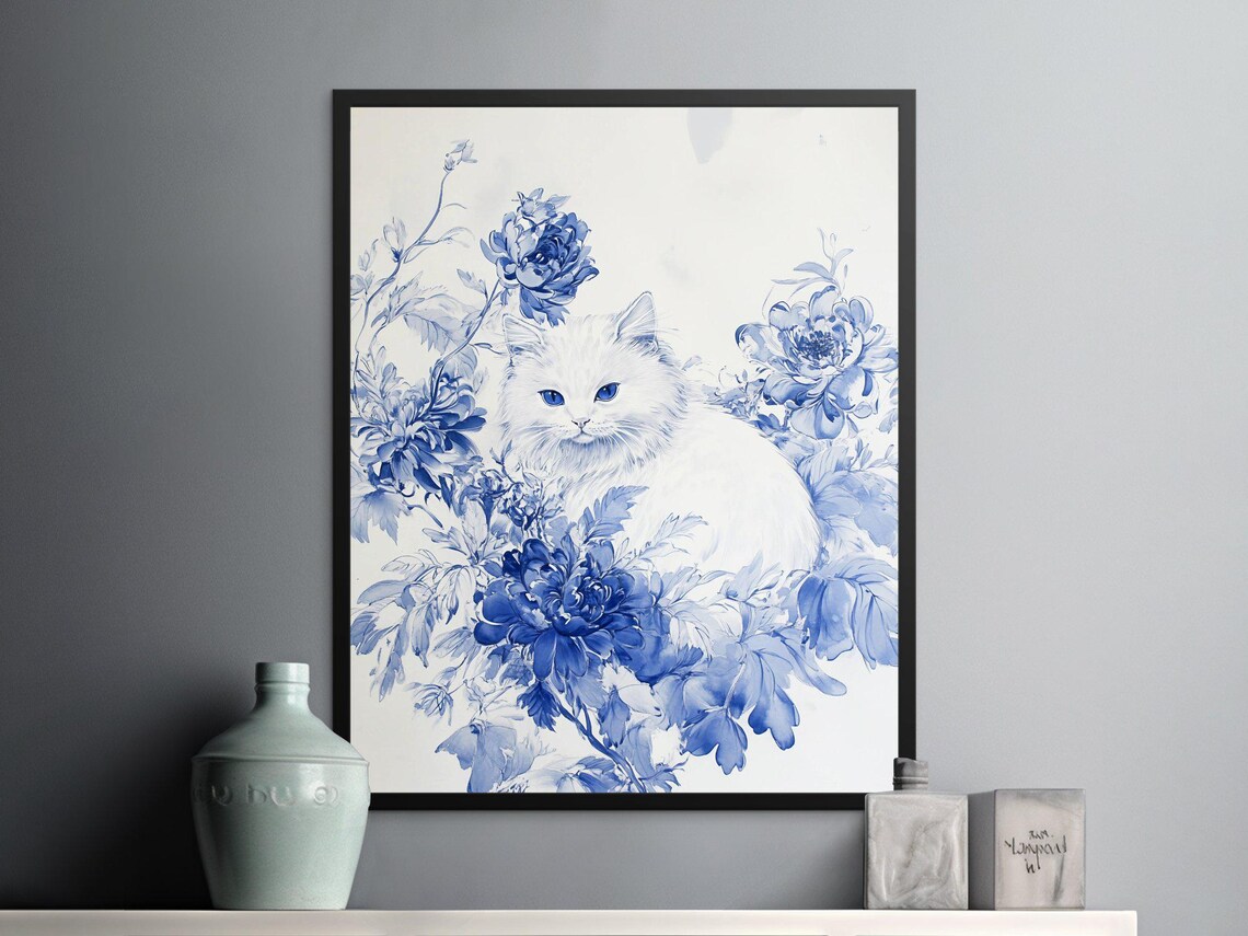 Elegant White Cat Blue Peony Flowers Watercolor Floral Wall Art Poster - Image 2