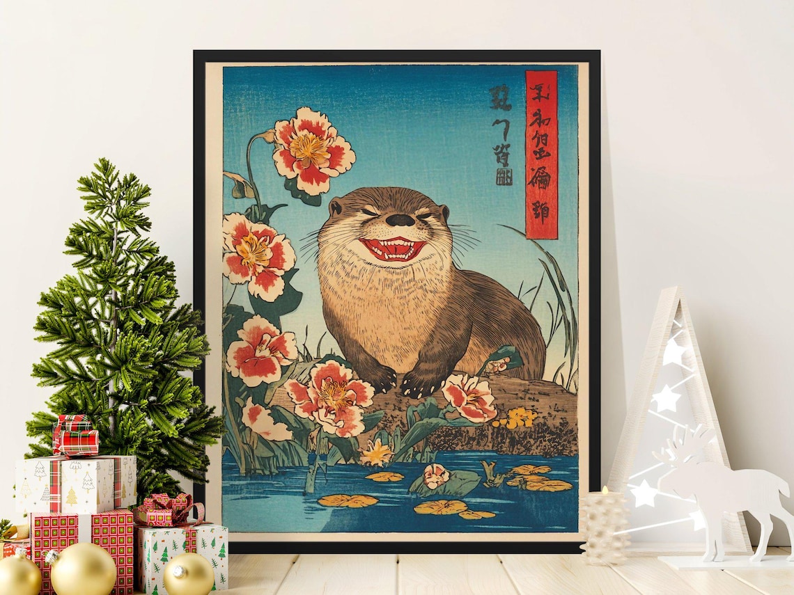 Smiling Otter Pond Lilies Peonies Japanese Woodblock Style Wall Art Poster