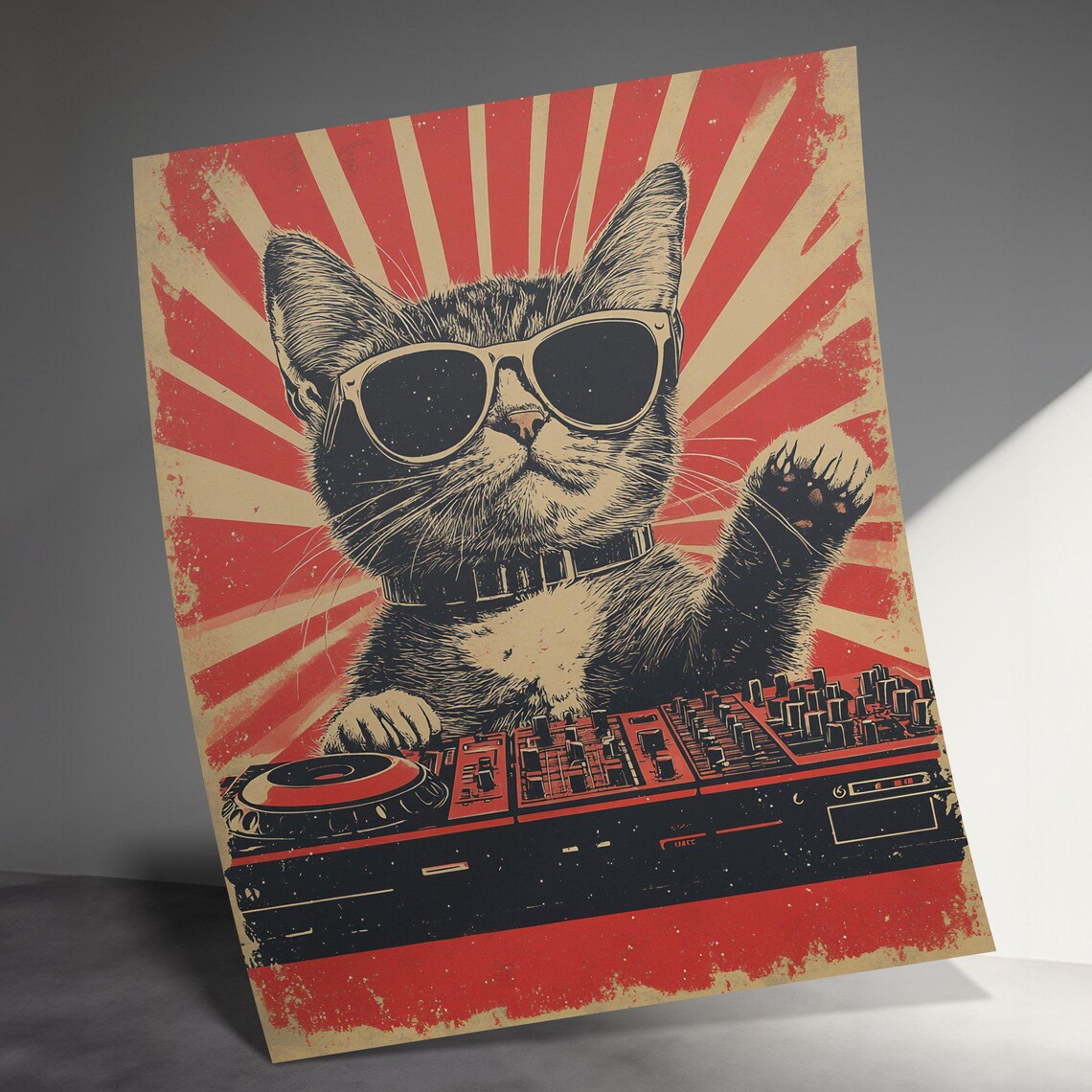 Cool Tabby Cat DJ Sunglasses Red Sunburst Retro Party Music Wall Art Poster - Image 3