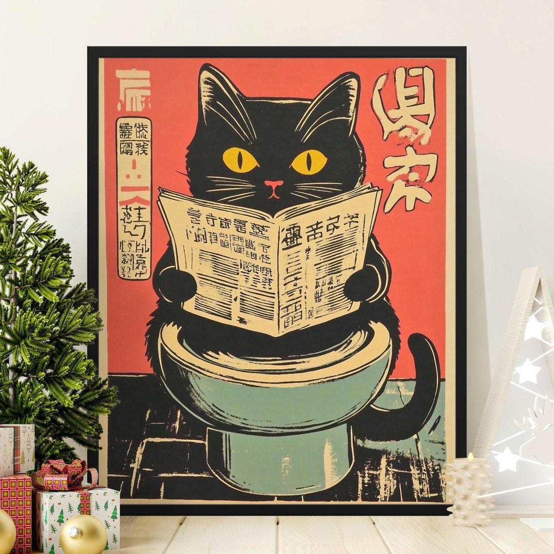 Black Cat Reading Newspaper On Toilet Funny Bathroom Wall Art Poster