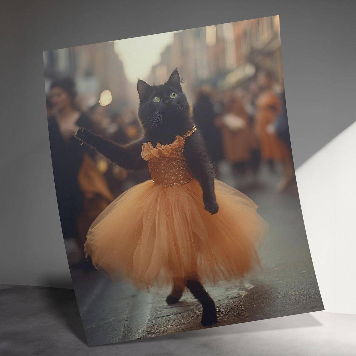 Cute Black Cat In Orange Tutu Dancing Street Whimsical Animal Poster - Image 3