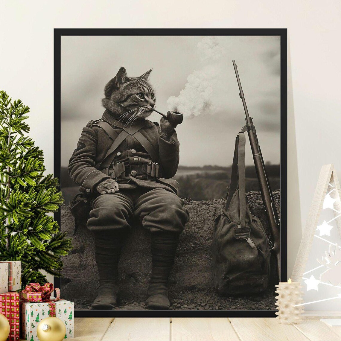 Cat Soldier In Military Uniform Smoking Pipe Vintage War Photo Poster