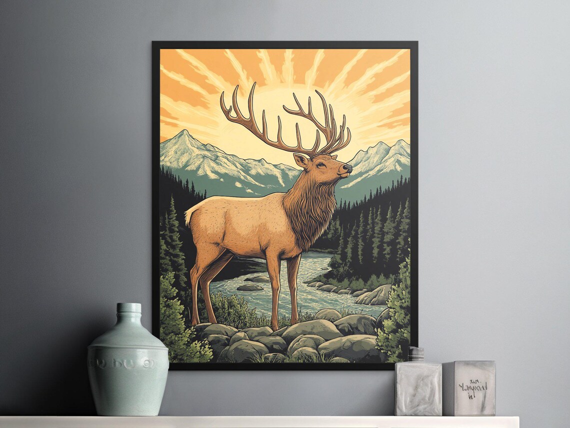 Majestic Elk Standing Rocky Stream Mountain Sunrise Retro Wildlife Poster - Image 2