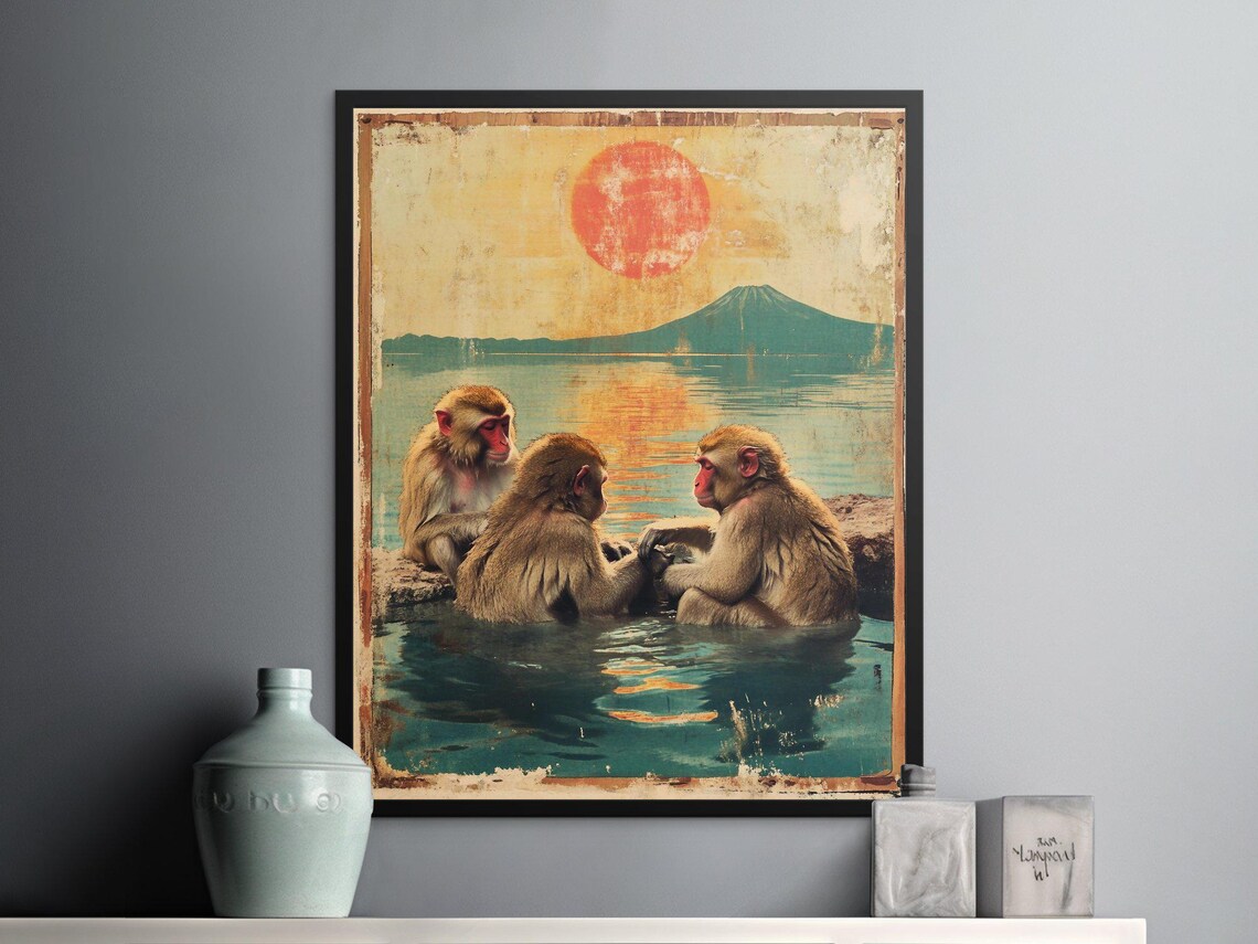 Japanese Snow Monkeys Hot Spring Mount Fuji Sunset Vintage Art Poster - Image 2