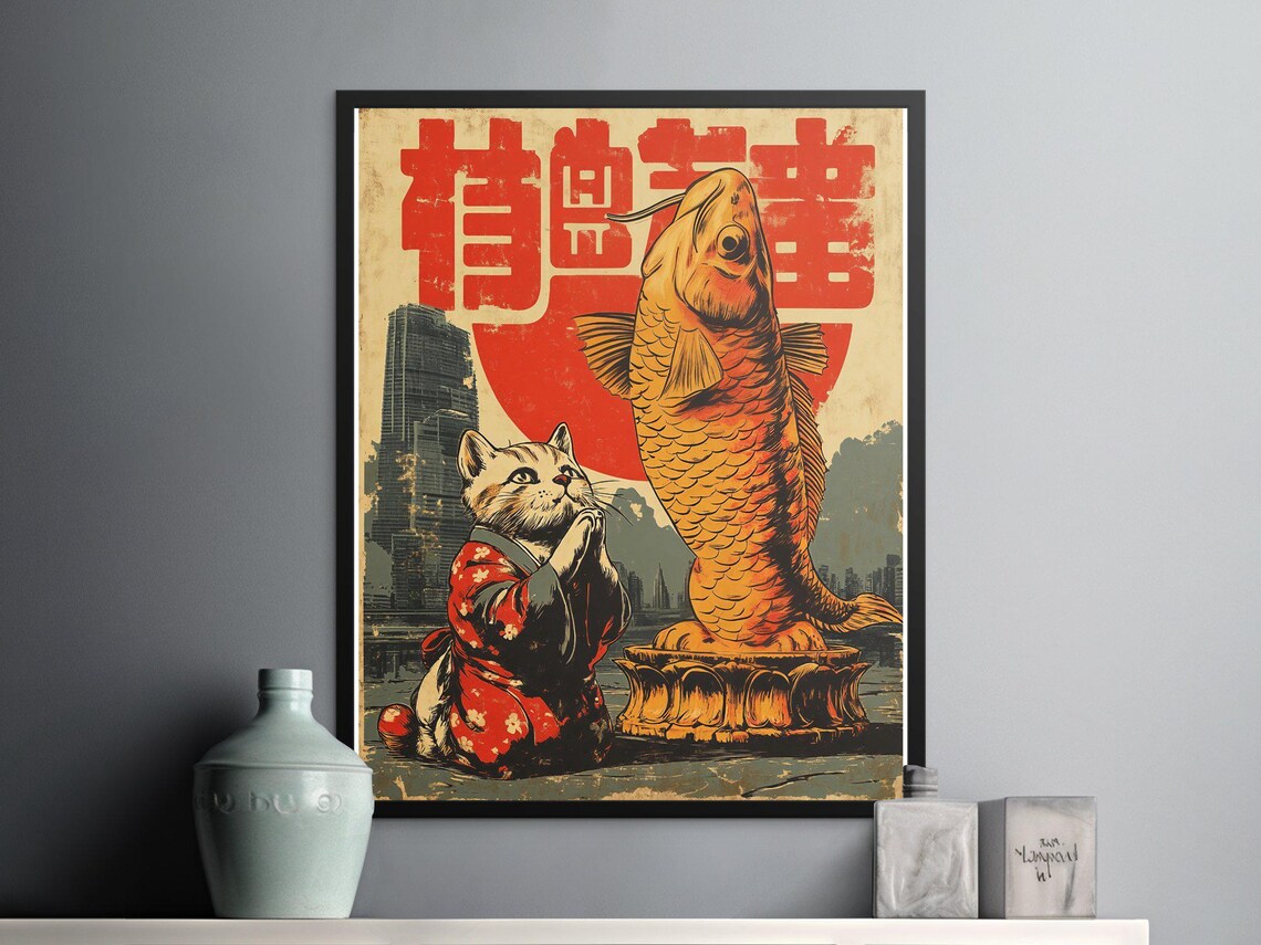 Vintage Cat Kimono Giant Koi Statue Japanese Retro Woodblock Poster - Image 2