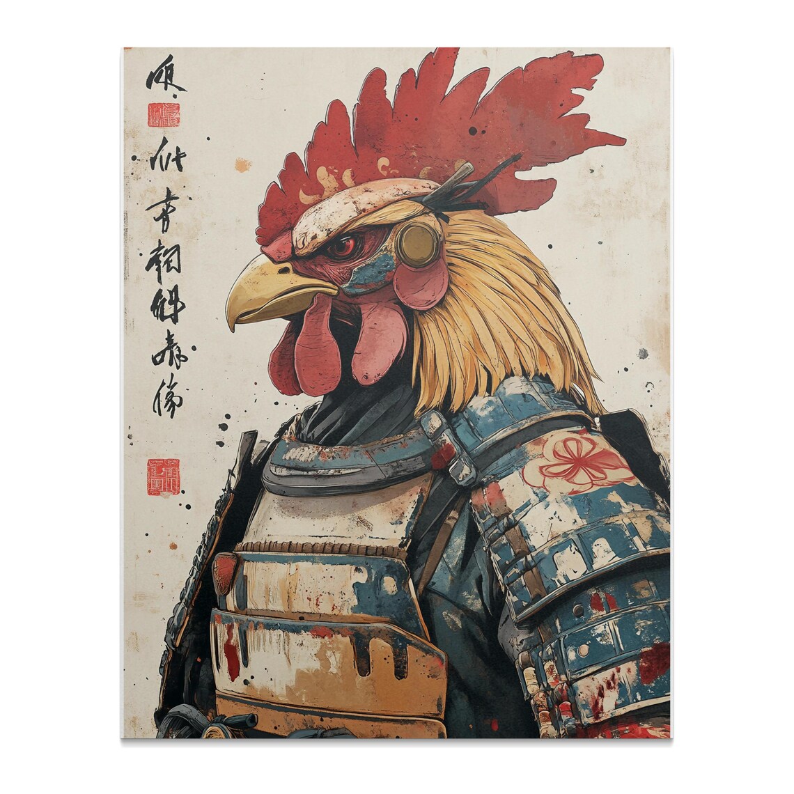 Samurai Rooster Portrait Armor Detail Japanese Calligraphy Art Poster - Image 2