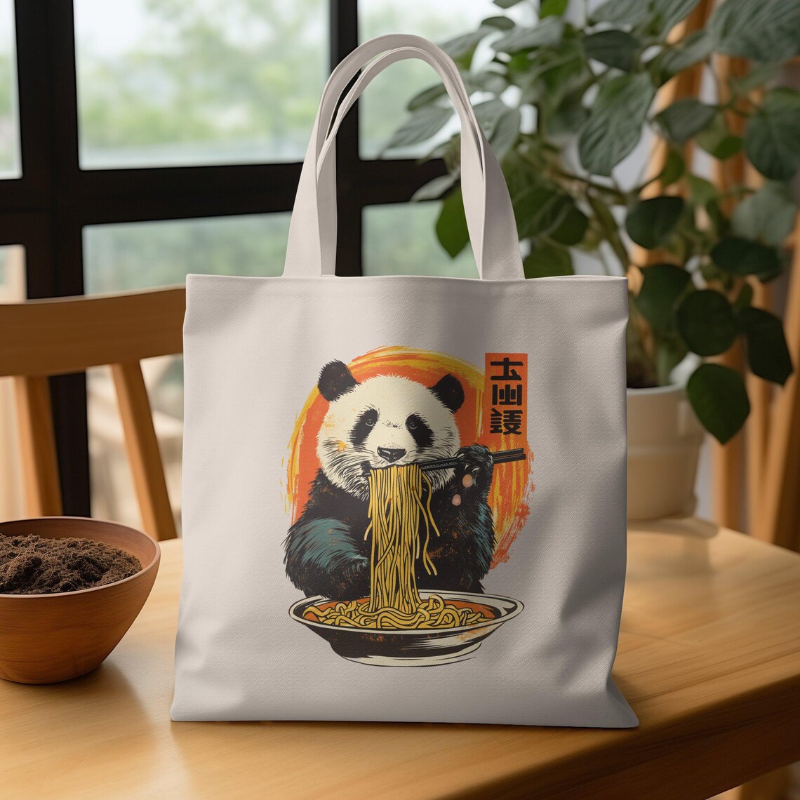 Cute Panda Eating Noodles Retro Japanese Design Shown On Tote Bag Print - Image 2