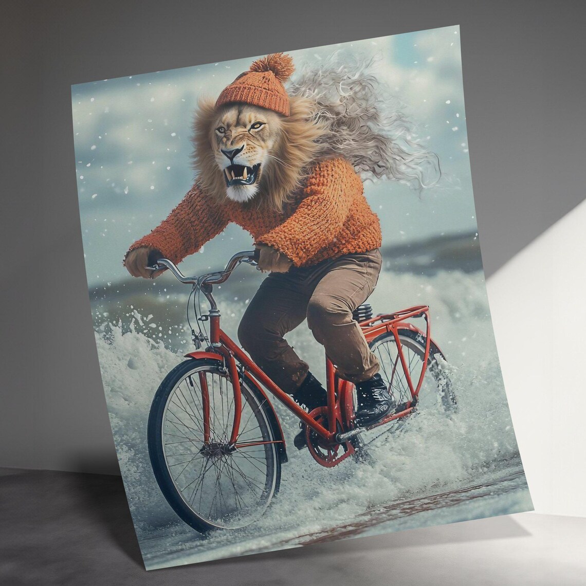 Lion Riding Red Bicycle Funny Winter Sweater Animal Wall Art Poster - Image 3