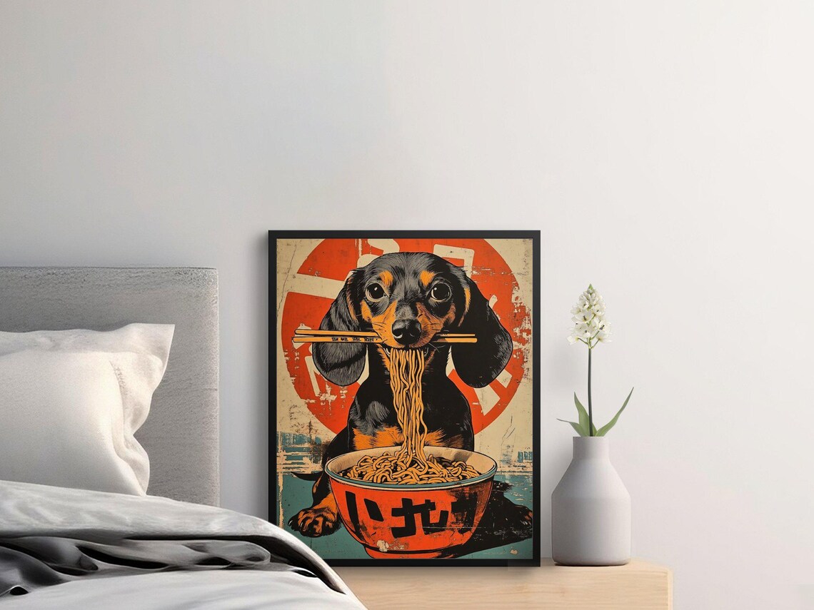 Dachshund Eating Ramen Japanese Retro Style Funny Dog Wall Art - Image 2