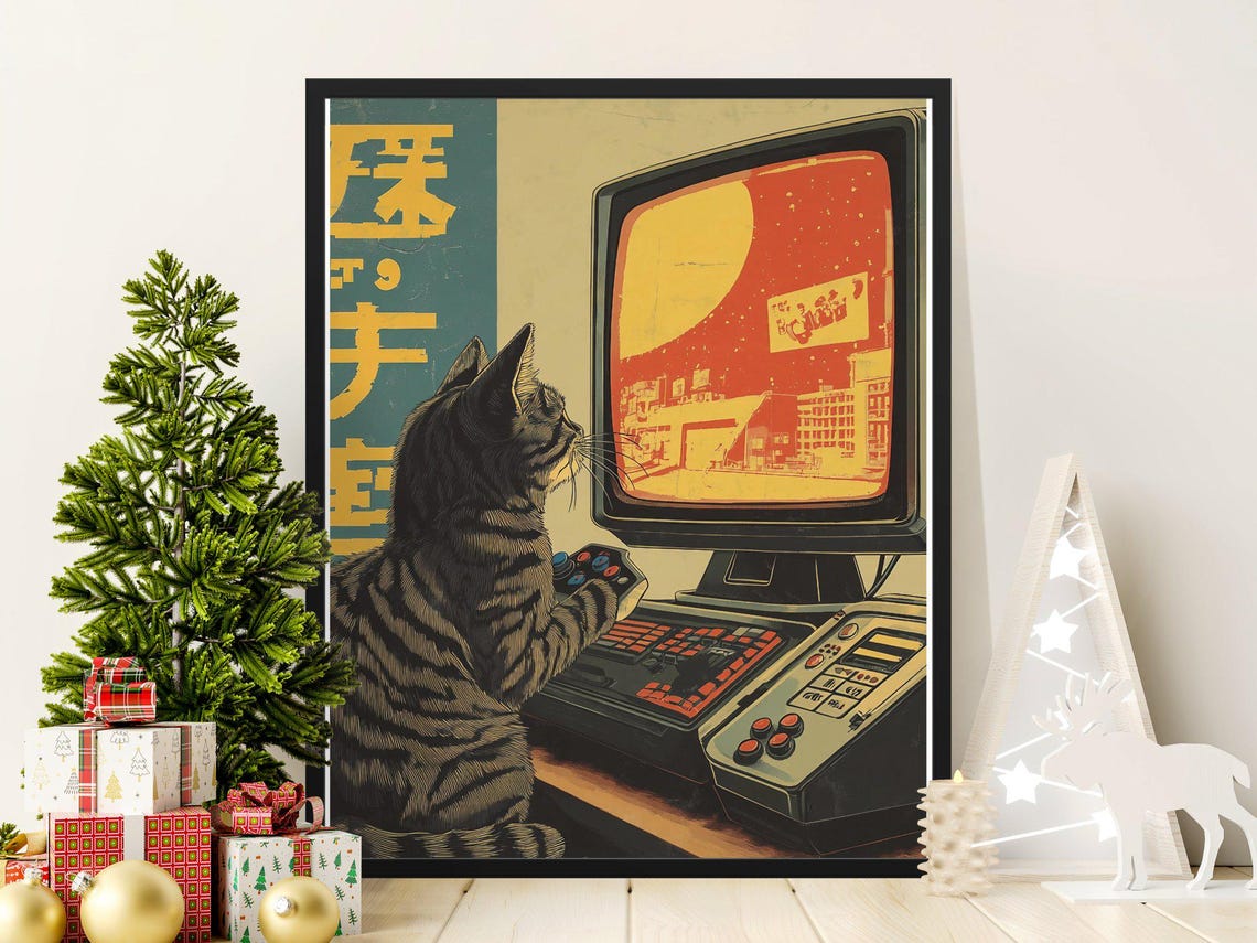 Tabby Cat Playing Retro Game Vintage Console City Moonlight Poster