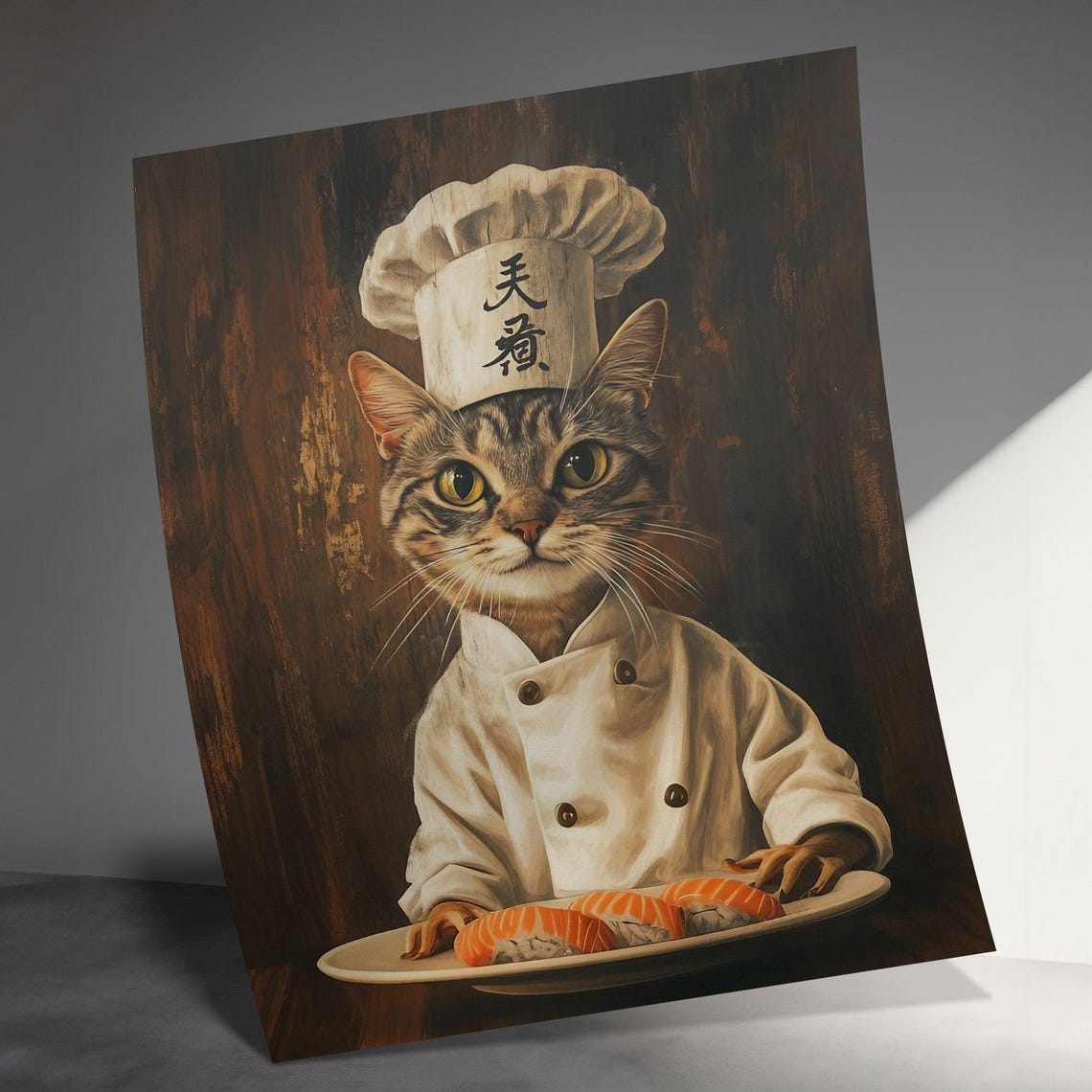 Elegant Tabby Cat Chef White Uniform Salmon Nigiri Rustic Art Poster - Image 3