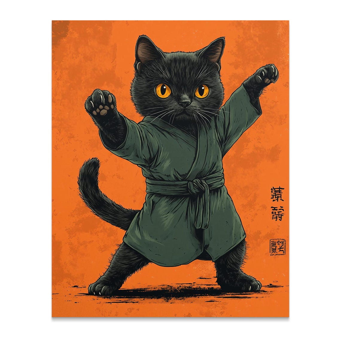 Black Kitten Karate Martial Arts Pose Orange Retro Japanese Cat Poster - Image 2