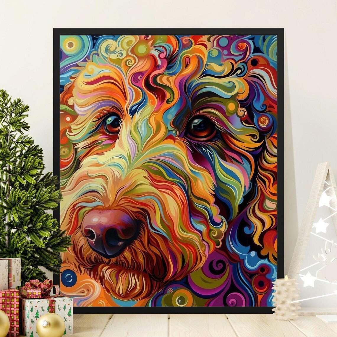 Colorful Abstract Dog Portrait Swirling Rainbow Doodle Art Poster