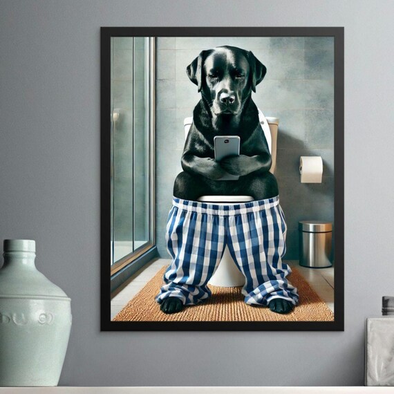 Funny Black Labrador Bathroom Wall Art Black Labrador On Toilet With Phone Humorous Pet Wall Decor Unique Bathroom Art Lab Lover Gift