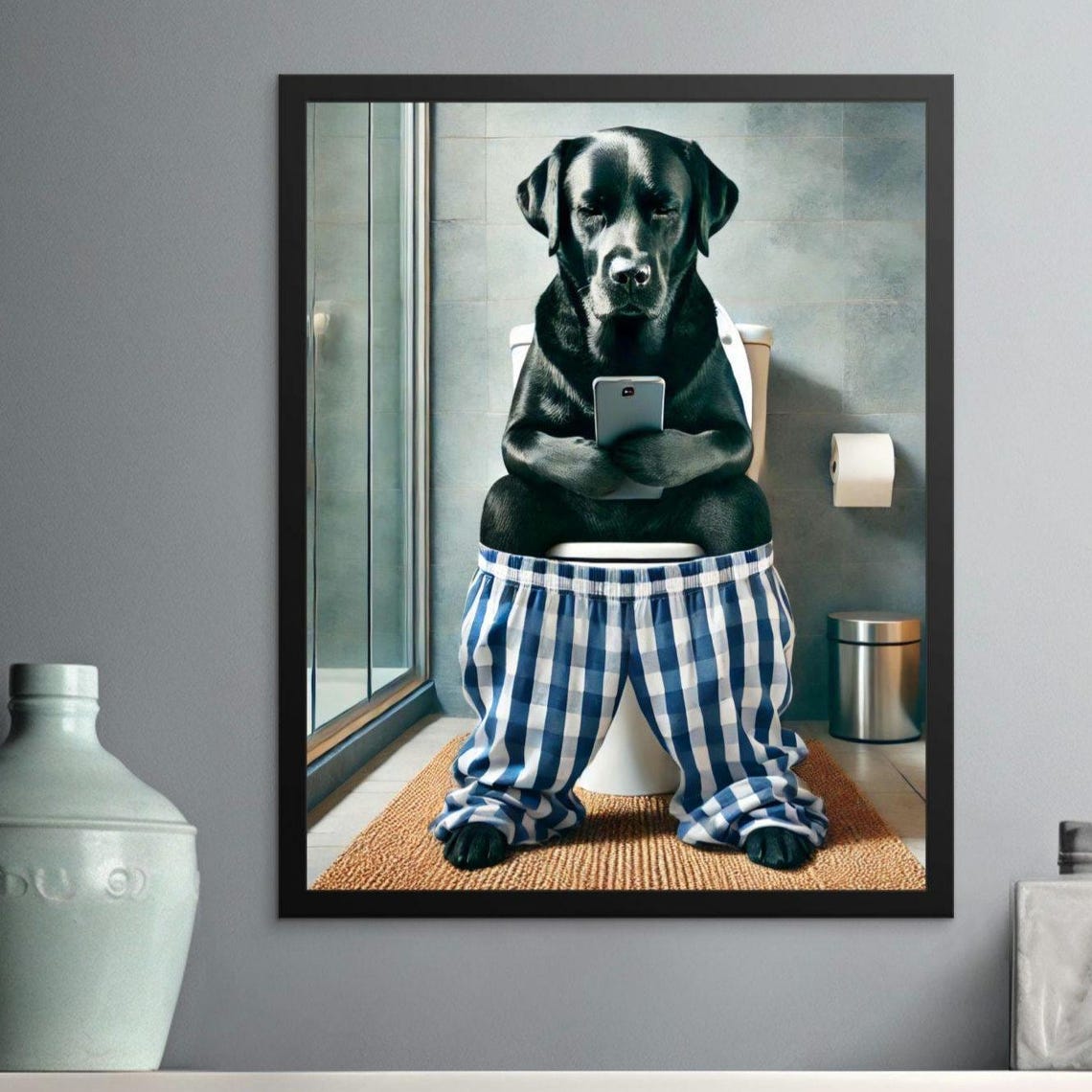 Black Labrador In Pajamas On Toilet With Phone Funny Dog Poster