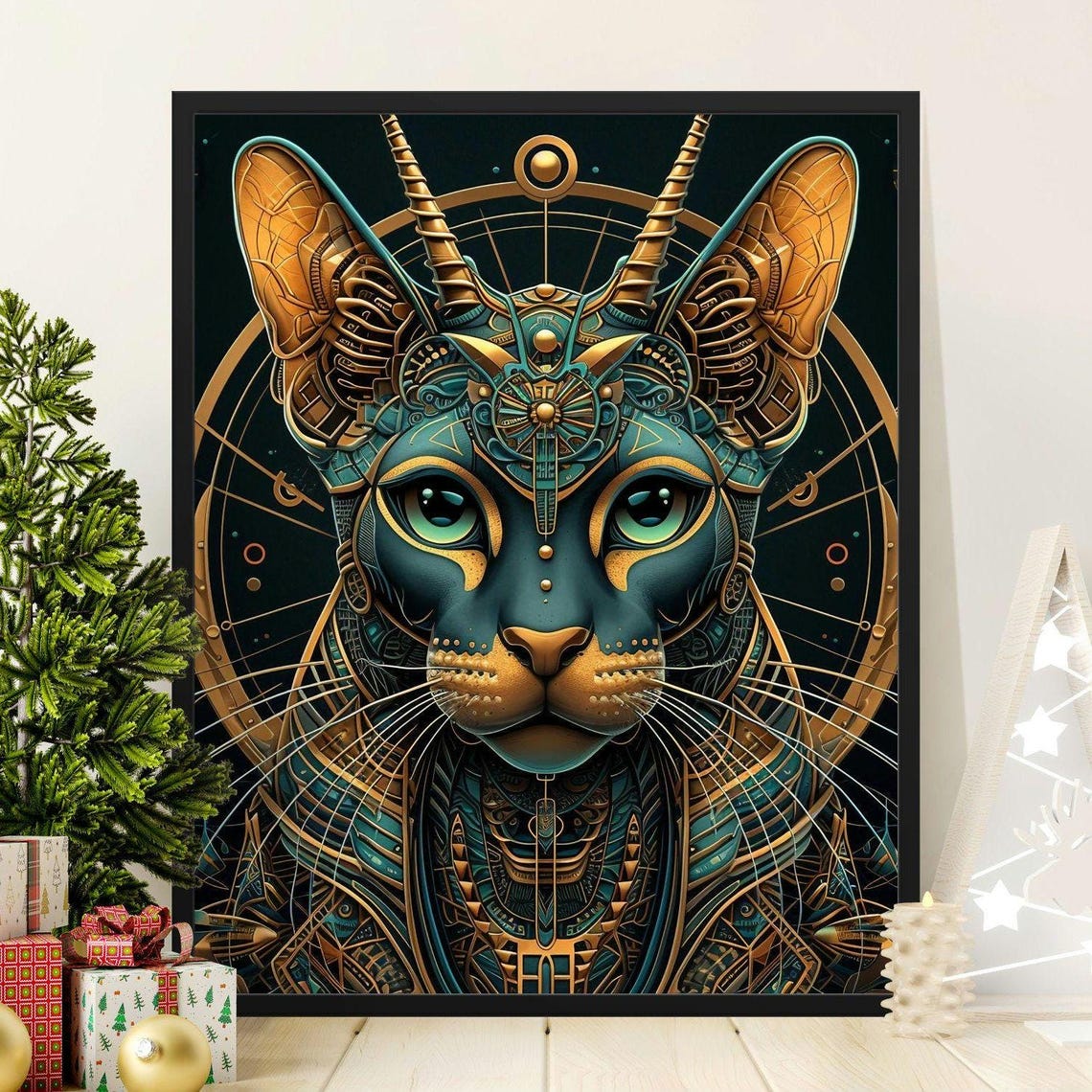 Steampunk Cybernetic Cat Portrait Gold and Teal Intricate Detail Print