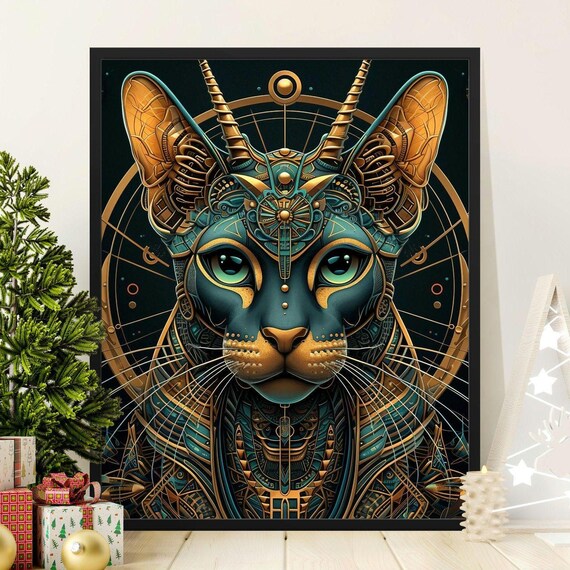 Steampunk Cybernetic Cat Portrait Gold and Teal Intricate Detail Print