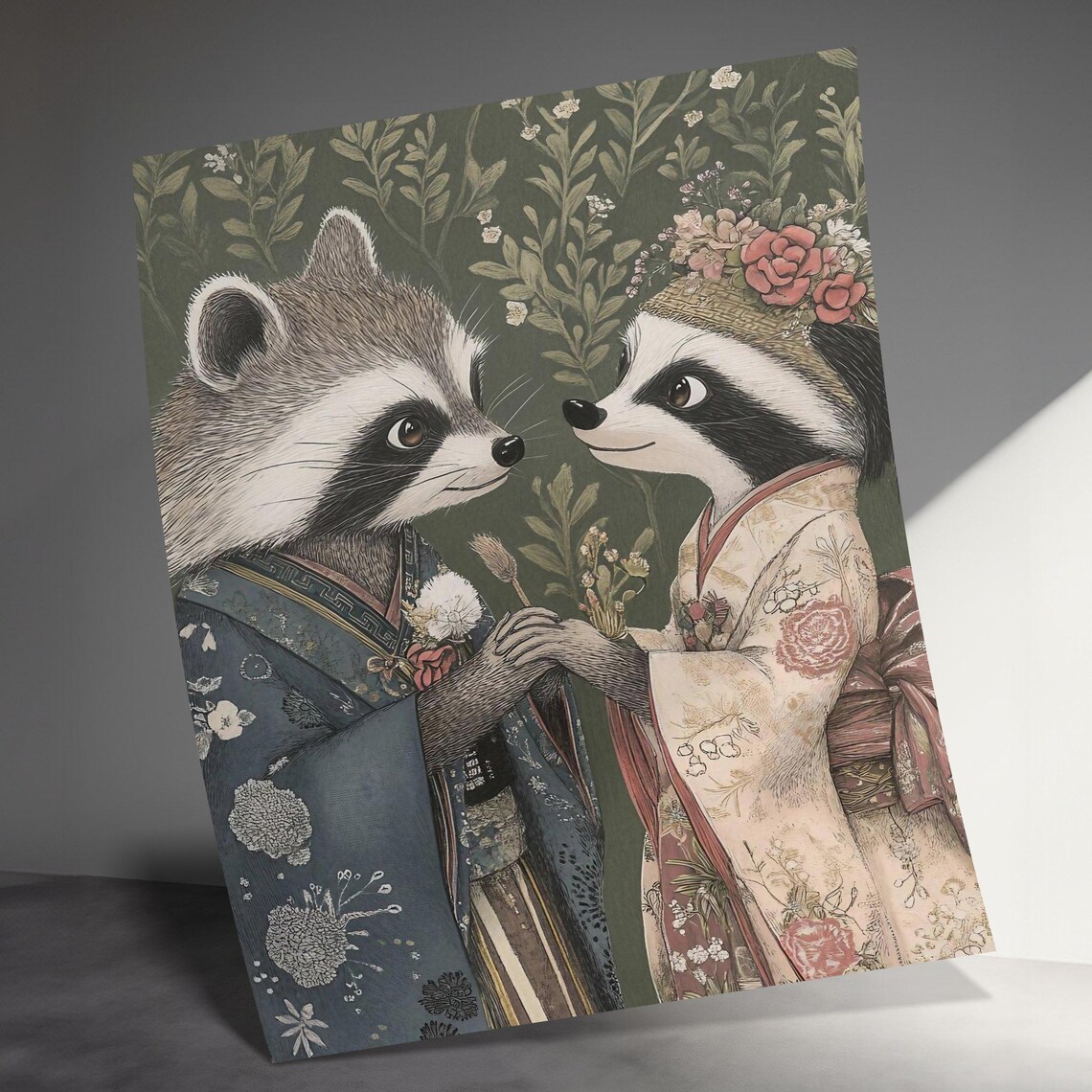 Raccoon Couple Kimono Wedding Floral Cute Animal Wall Art Poster - Image 3
