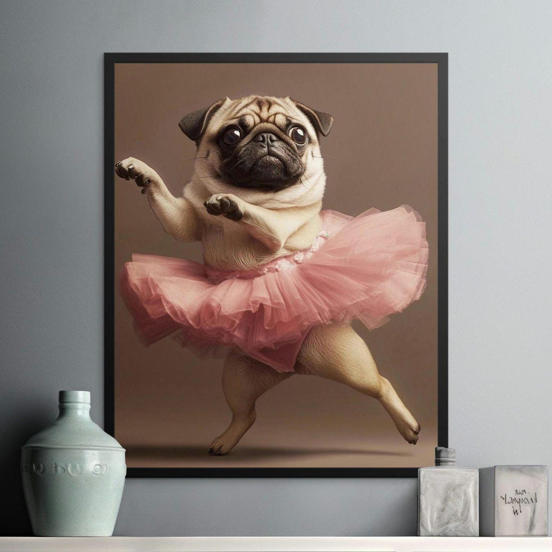 Pug in a Pink Tutu Ballet Pose Adorable Ballerina Dog Wall Art