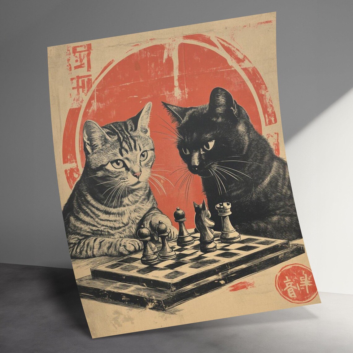 Vintage Cats Chess Game Art Print, Retro Feline Poster - Image 3