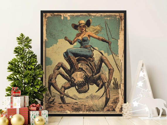 Vintage Cowgirl Riding Giant Spider Poster Western Steampunk Wall Art Unique Home Decor Wild West Fantasy Poster Print