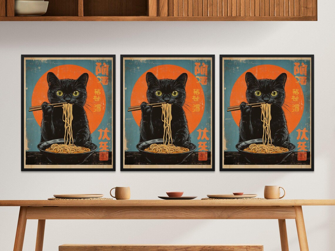 Black Cat Slurping Ramen With Chopsticks Orange Sun Vintage Kitchen Poster - Image 2