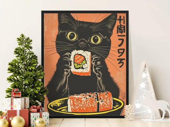 Black Cat Eating Salmon Sushi Roll Japanese Kitchen Art Poster