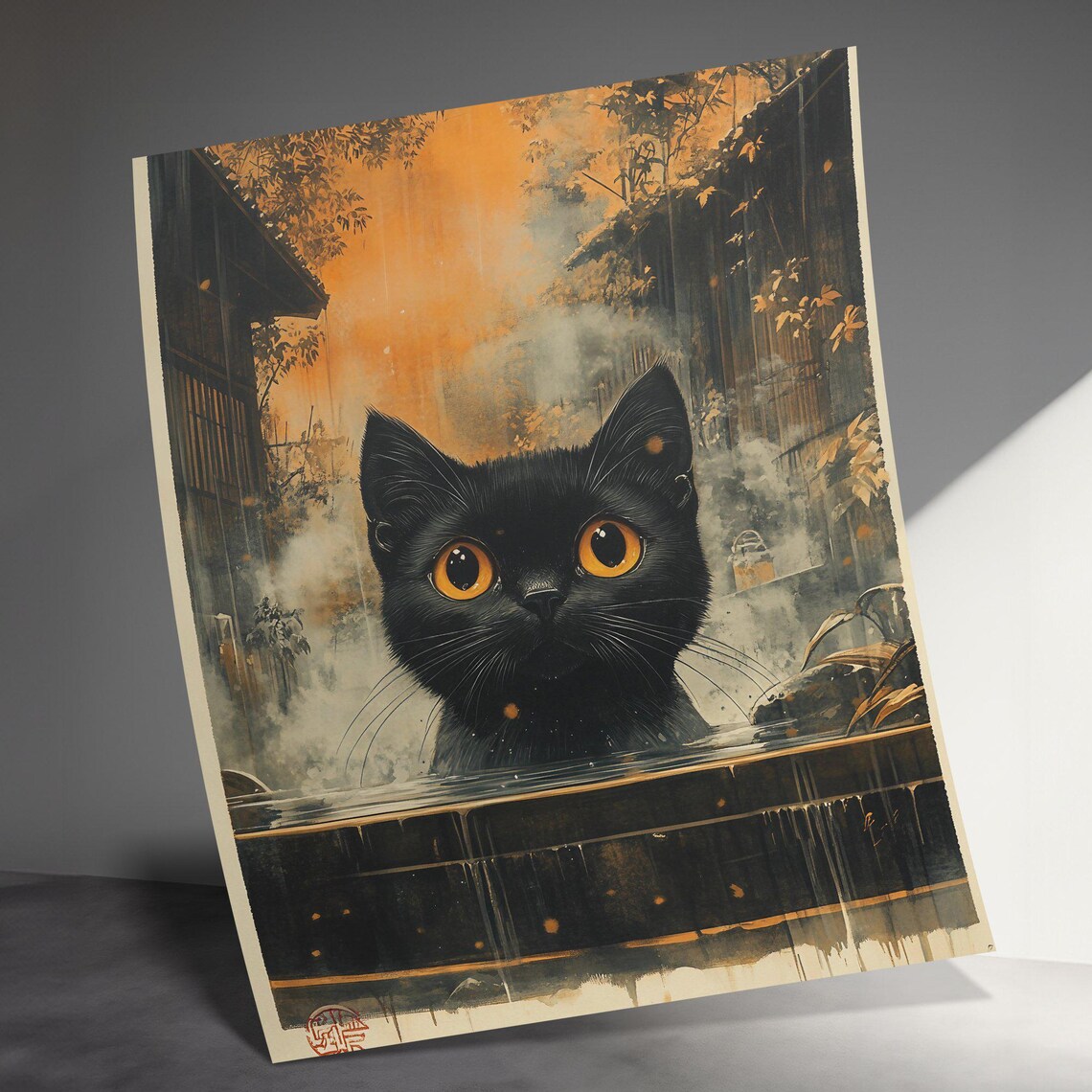 Black Cat In Hot Spring Steam Japanese Autumn Bath Animal Poster - Image 3