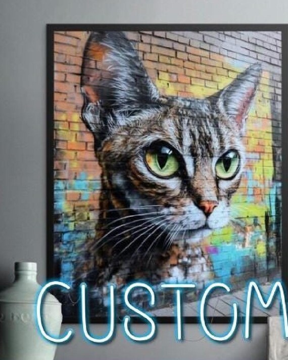 Graffiti Cat Street Art Mural Colorful Brick Wall Urban Feline Wall Art