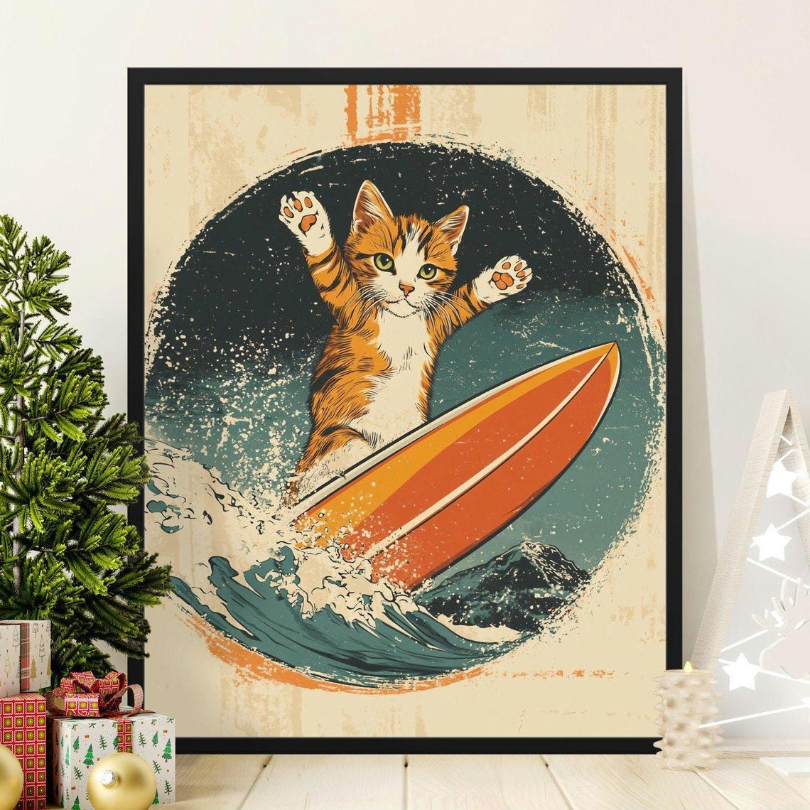 Retro Surfing Kitten Riding Wave Vintage Coastal Cat Wall Art Poster