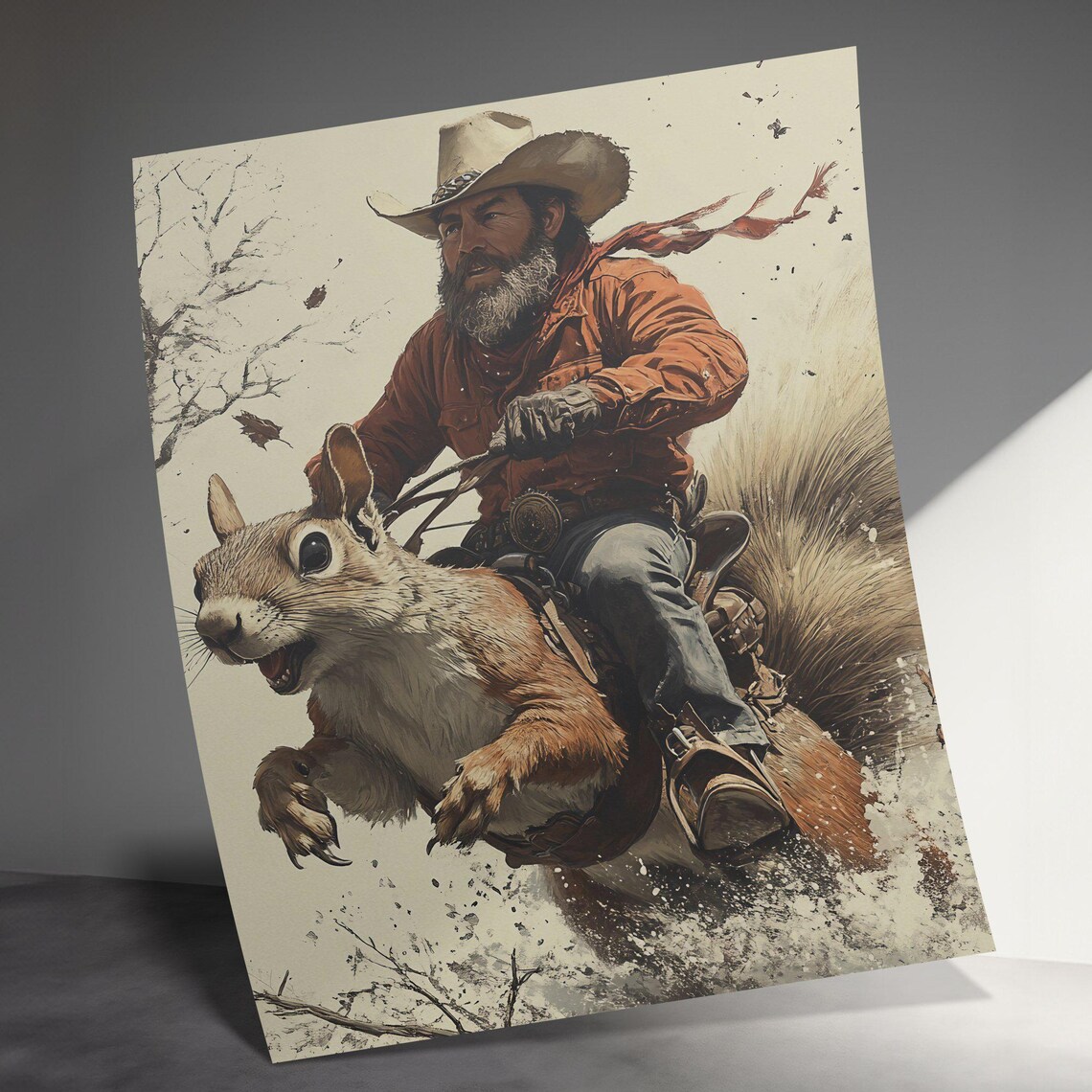 Cowboy Riding Giant Squirrel Western Adventure Funny Animal Art Poster - Image 3