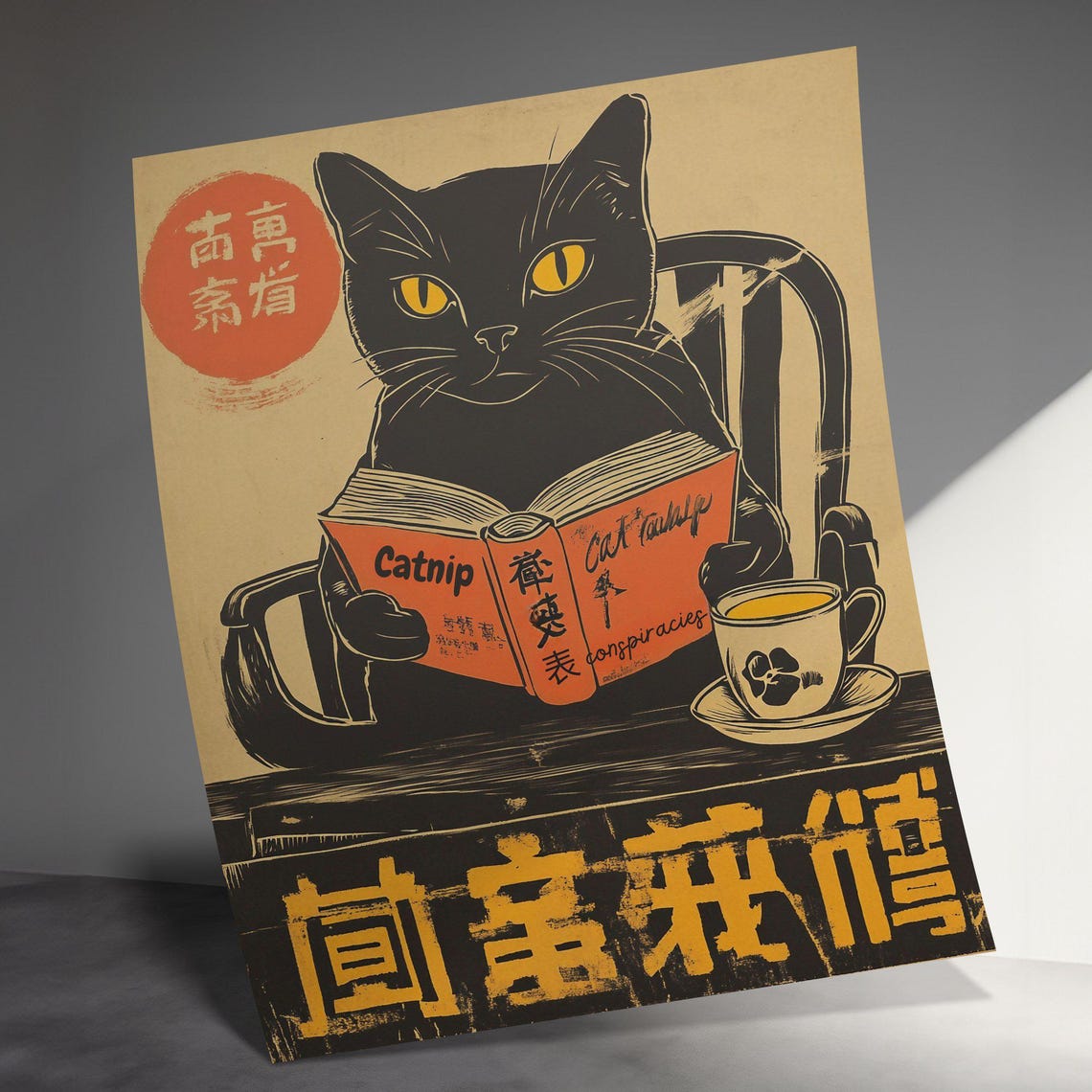 Black Cat Reading Catnip Conspiracies Book With Tea Funny Poster - Image 3
