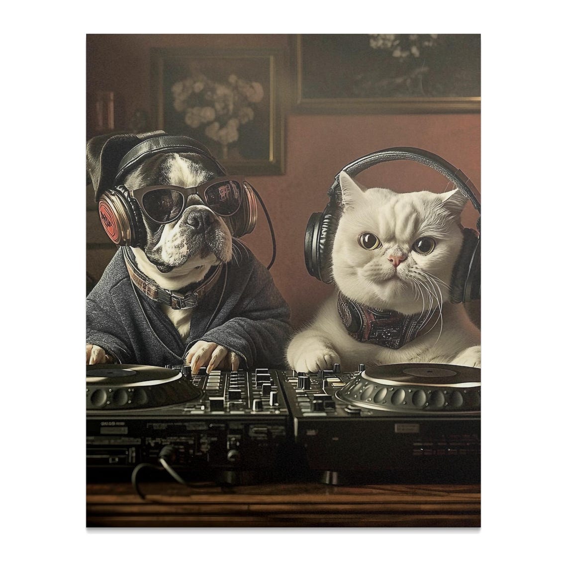 Bulldog and White Cat DJ Duo With Headphones Cool Music Wall Art - Image 2