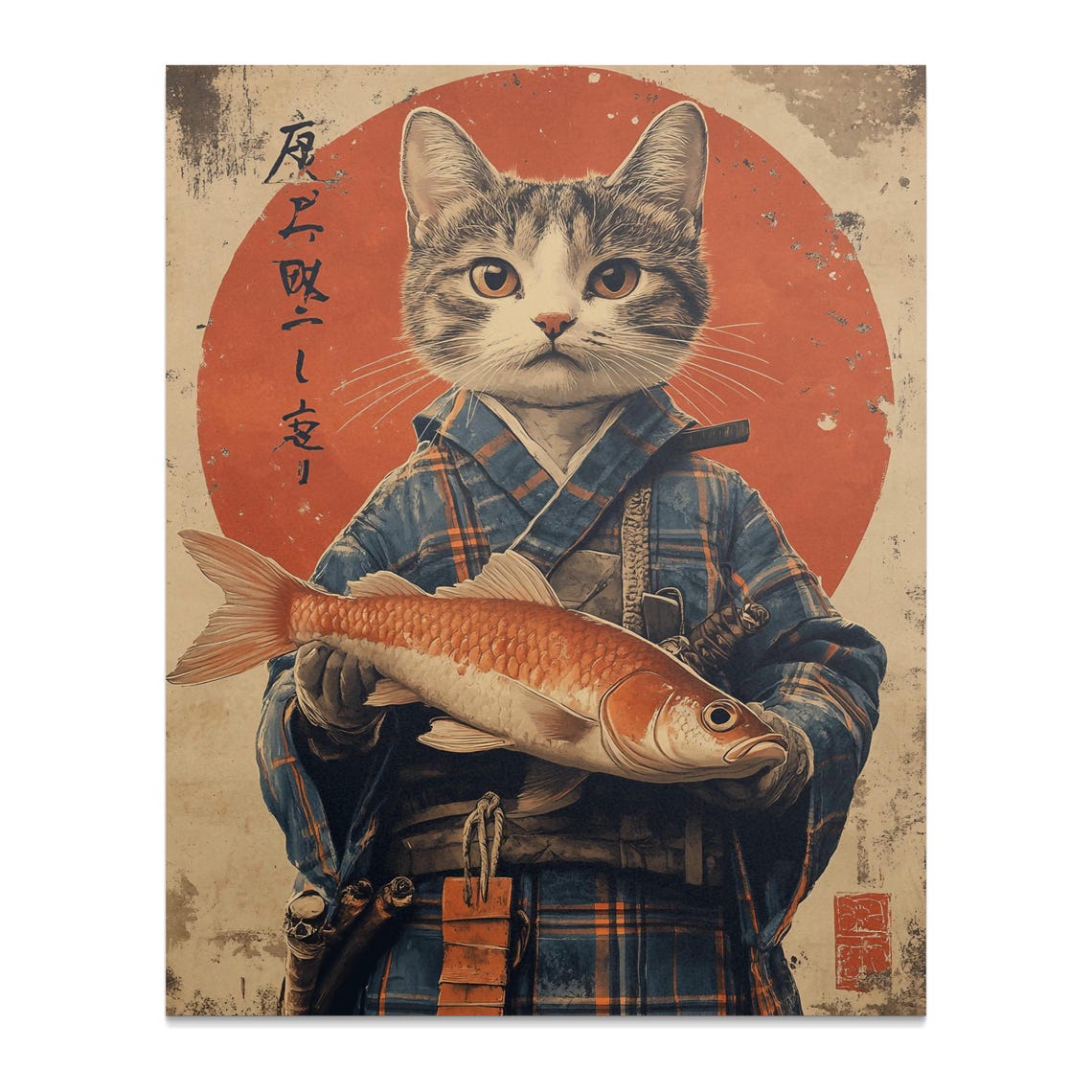 Cat Samurai In Kimono Holding Red Fish Japanese Rising Sun Poster - Image 2
